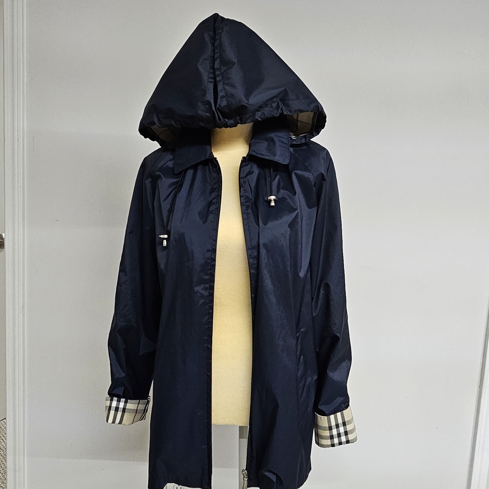 burberry Navy Hooded Raincoat with Plaid Cuffs